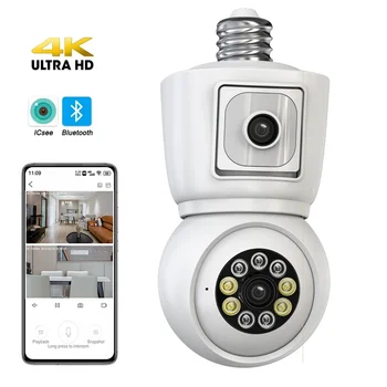 ICSEE 4K 8MP E27 крушка WiFi камера с двоен обектив автоматично проследяване двупосочно аудио цвят нощно виждане Bluetooth сдвояване камера за наблюдение