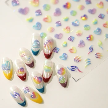 Illusion Colorful Love Heart 3D самозалепващи се стикери за нокти Lotus Flowers Fishtail Feather Laser Manicure Decals Wholesale