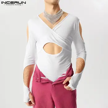INCERUN 2023 Секси домашно облекло мъжки кухи дизайн гащеризони стилен мъжки твърд всички мач прост триъгълник дълъг ръкав бодита S-5XL