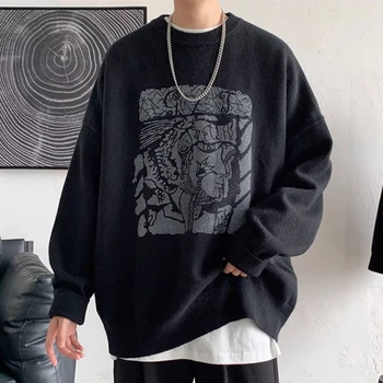 INS High Street японски стил извънгабаритни пуловери за мъже O-образно деколте Y2K пънк готика графичен пуловер топли зимни върхове хлабав Harajuku