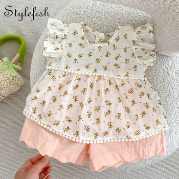 INS Summer New Little Fresh Baby Cotton Floral Top and Shorts Set Girls' Printed Flying Sleeve Top and Pants Two Piece Set