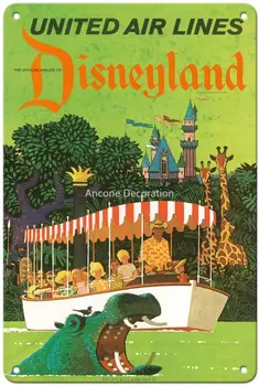 Island Art California - Jungle Cruise Hippo - United Air Lines - Vintage Airline Travel Poster от Стан Винтидж метален калаен знак