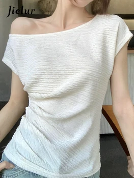 Jielur лято нов плътен цвят тънък дамски тениска сладък дама случайни chicly тениска жена каки бял хлабав мода топ женски