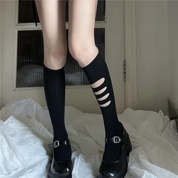 JK Дамски летни черни персонализирани скъсани чорапи кадифе японски сладък хладен горещ момиче тънък средна дължина отслабване теле s