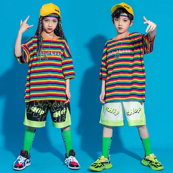 Kids Cool Hip Hop Show Clothing Stripe Tee Oversized T Shirt Streetwear Летни шорти за момичета Boys Jazz Dance Costume Clothes