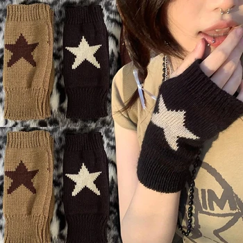 Kniited вълнени половин ръкавици Y2K пънк пентаграм звезди ръкавици за жени момичета меки топли пет заострени звезда ръкавици ръкавици