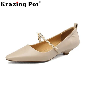 Krazing Размер на саксията 42 Крава Сплит кожа Square Toe мед токчета пролетни обувки плитки вериги френски романтичен благодат приплъзване на жените помпи