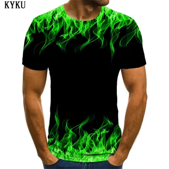 KYKU Марка Пламък T риза Мъже Зелена тениска Отпечатани Trend тениски 3d къс ръкав T ризи Cool Streetwear голям размер