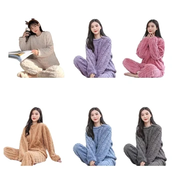 L5YA Топла пухкава пижама от руно Комплект пижами Топъл полар Комплект дамски пижами