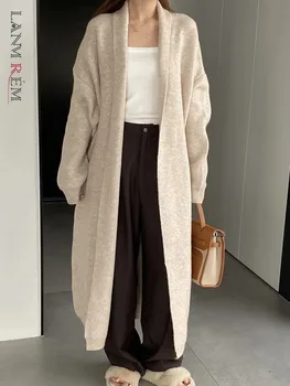 LANMREM Дамски дълъг плетен жилетка моден шал яка хлабав плътен цвят облекло корейски стил 2023 зима нов 2AA3499