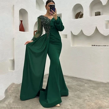 Laxsesu Марокански арабски вечерни рокли Дубай Саудитска зелена русалка влак Дълги илюзионни ръкави Красиви апликации Парти Абитуриентска рокля