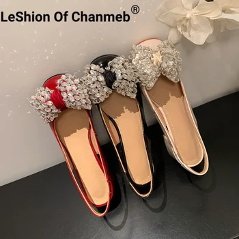 LeShion Of Chanmeb Real Leather Slingback Pumps Жени Кристал BowKnot обувки блок токчета обувки Дамско парти Daily 40
