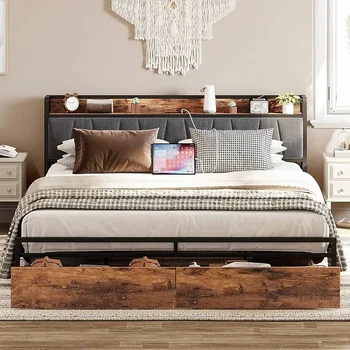 LIKIMIO King Size Bed Frame, табла за съхранение със зарядна станция, платформено легло с чекмеджета, не е необходима пружина