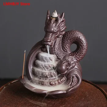 LMHBJY Голям китайски дракон обратен поток тамян горелка творчески керамични обратен поток тамян горелка декорация
