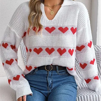 Loose и удобни есен/зима случайни дълъг ръкав пиле сърце врата фенер ръкав контраст цвят любов пуловер пуловер