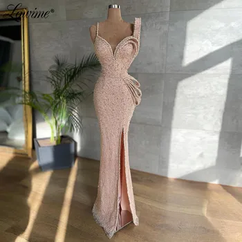 Lowime розова русалка парти рокля 2021 Персонализирани дълги сплит страна мъниста жени абитуриентски рокли Златни мъниста арабски вечерни рокли халат
