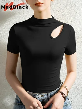 MadBlack пролет лятна тениска европейски дрехи секси студено рамо жени стойка яка върховете къси ръкави дъна тениски T34905M