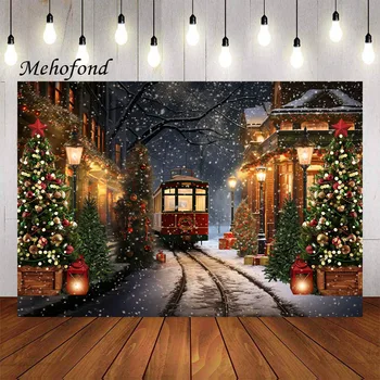 Mehofond Фотография Фон Зима Коледа Реколта влак борово дърво деца празнично парти портрет декор фон фото студио