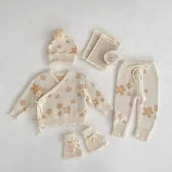 MiniAinis есен зима бебе трикотажно палто + панталони + шапка + чорапи 4 части костюм момичета пуловер облекло комплект деца бежово топли дрехи