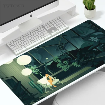 Mouse Pad Gamer Green Cute Cat Aesthetic XL HD Mousepad XXL клавиатура подложка за мишка Подложка за мишка Non-Slip Soft Office PC Desktop Mouse Pad