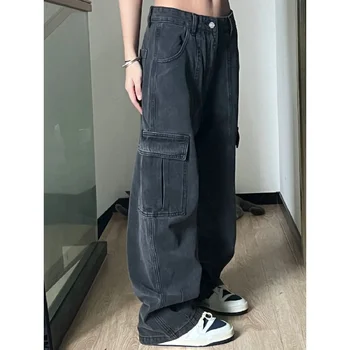 Multi-джоб сив реколта улично облекло корейски Y2K торбести карго дънки висока талия прав широк крак панталони деним панталони