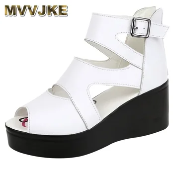 MVVJKEWedges обувки за жени кожа високи токчета сандали летни обувки Рим Chaussures Дамска платформа Sandalias плюс размер