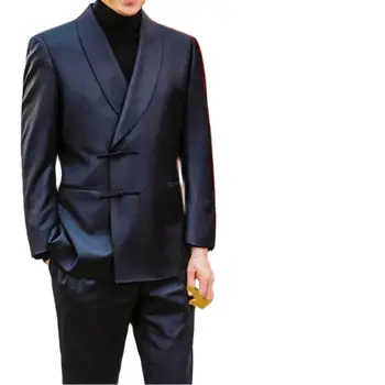 Navy Blue китайски бутон шал яка мъже костюми Blazer панталони вечеря парти износване 2бр яке панталони социален костюм сватбено облекло