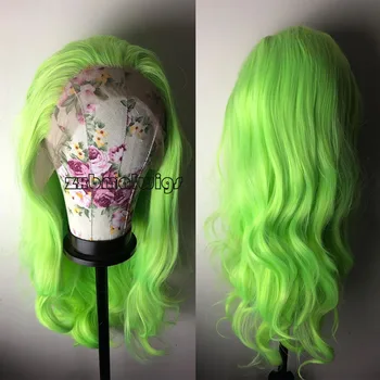 Neon Green дълго тяло вълна синтетична коса дантела предни перуки направо вълнообразен за жени предварително оскубана дантела фронтална перука