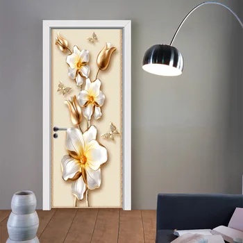 NEW 77x200cm 3D златно цвете врата стикер самозалепваща личност творчески дом мода стена
