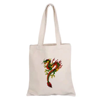 New Ins Чанти за рамо Cool Style Dragon Ulzzang Print Harajuku Retro Canvas Сгъваеми еко жени Casual Shopper Tote пазарски чанти