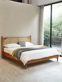 Nordic масивно дърво легло B &B хотел ратан легло реколта дома двойно легло модерен прост ратан легло