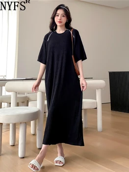 NYFS 2023 Лятна нова корейска женска рокля Vestidos роба Ete Femme Elbise хлабав плюс размер цип къс ръкав дълги рокли