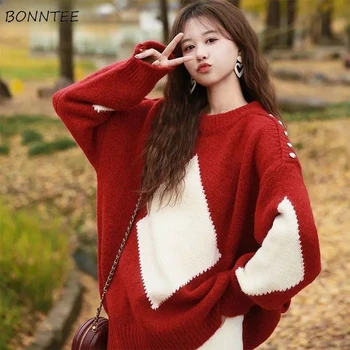 O-образно деколте Пуловери Жени Argyle хлабав дебел трикотаж дълъг ръкав младежки момичета бутони облицовани корейски стил елегантен отдих