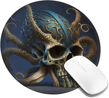Octopus Kraken Cool Skull Mouse Pad Anti Slip Rubber Round Mousepads with Stitched Edge for Home Подаръци Office 7.9 X 7.9 инча