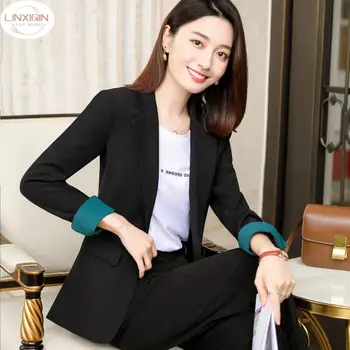 Office Ladies Notched Collar Plaid Women Blazer Double Orded Autumn Jacket 2024 Casual Pockets Дамски костюми Палто