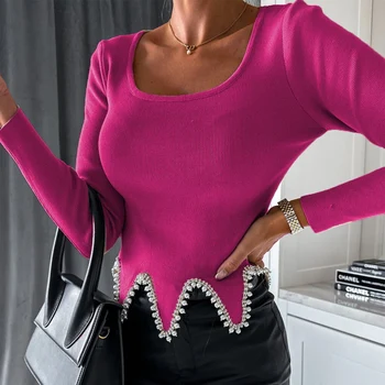 Office Твърди женски тънки блузи и ризи Красота квадратна яка върховете Blusa Нова ярка мъниста оребрени дълъг ръкав блуза за жени