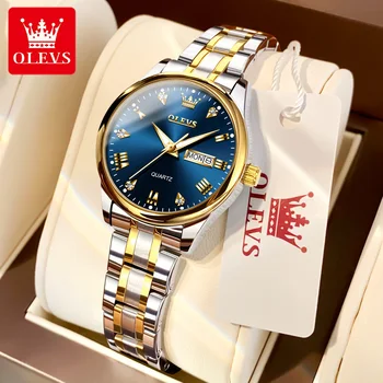 OLEVS 5563 Дамски часовници Злато синьо от неръждаема стомана мода елегантен водоустойчив светлинен календар луксозен марков часовник за жени