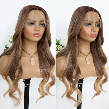 Ombre Brown Lace Front Wig Long Wavy Wig 3 Tone Brown to Blond Wavy Wigs for Women Synthetic Heat Resistant Party Wig