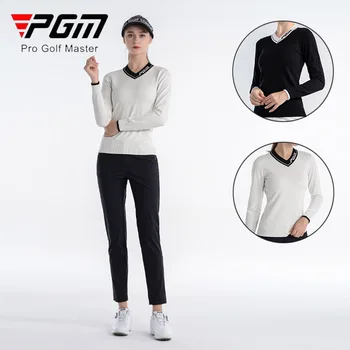 PGM жени дълъг ръкав голф пуловер дами поддържат топли плетени върхове жени есен пачуърк v-образно деколте риза случайни голф пуловер