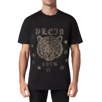 PLEIN BEAR Мъжка черна тигрова щампа Лого тениска Класическа тениска с кристали 100% памучни тениски Мъжки върхове Удобни тениски 950