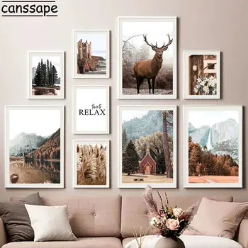 Plum Deer Art Prints Hay Reed Canvas Painting Poster Mountain Tree Wall Pictures Nordic Wall Decor Living Bedroom Decoration