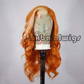 Preplucked Body Wave Акценти Оранжева синтетична коса дантела фронтална перука за жени без лепило влакна коса прозрачни дантелени перуки
