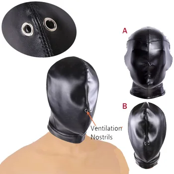 PU Кожена качулка за колан за глава Ограничители за маски Отворени дупки за нос Шапки BDSM Робство Хелоуин Ролеви игри Секс играчки за жени Мъже