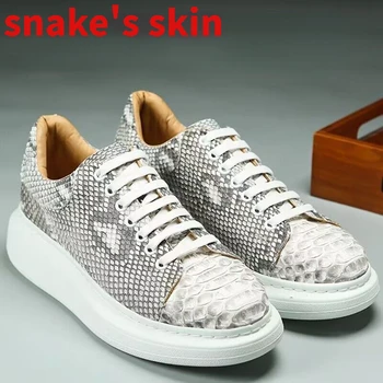 Python кожата двойка спортни обувки мъже увеличени естествена кожа модни маратонки трайни змия кожата ръка пришити ежедневни обувки жените