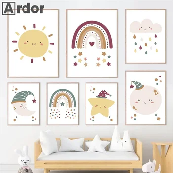 Rainbow Moon Sun Star Clouds Sleep Heart Canvas Painting Nursery Poster Child Wall Art Print Pictures Kids Bedroom Home Decor
