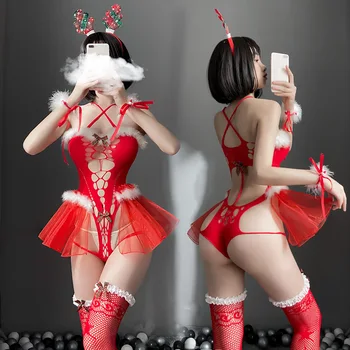 Red зайче момиче Коледа камбана униформа изкушение секси бельо пижама страстен полунощ чар