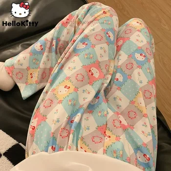 Sanrio Hello Kitty Sleep Bottoms With Plush & Thickened Plush Sweet Cartoon Pajama Pants, Дамски зимни топли пижами панталони