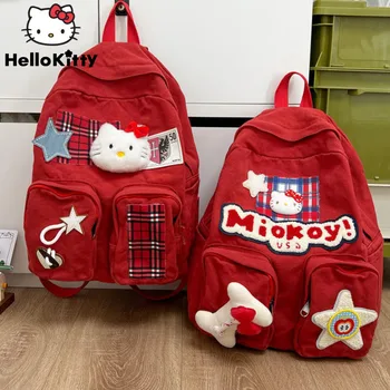 Sanrio Hello Kitty Нова тенденция чанти червени измити платно раници карикатура корейски стил ученическа чанта голям капацитет рамо чанта жени