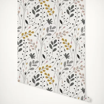 Scornucopia Wallpaper in Blush, Charcoal and Mustard Color, Leafy print wallpaper, Peel and Stick Wall Paper