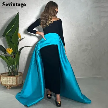 Sevintage черно и синьо Саудитска Арабия вечерни рокли за жени официални абитуриентски рокли глезена дължина Midi дълги ръкави парти рокли